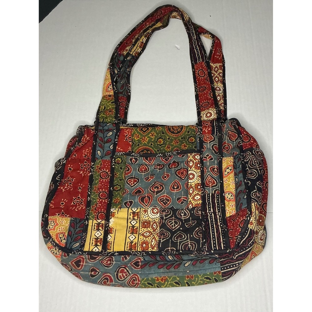 Vtg Boho Quilted Patchwork Tote 2-Pocket Cotton Shoulder Bag Earthtone Cottage